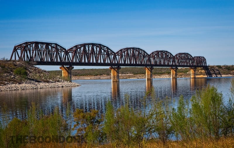 A railroad bridge over part of the lake Amistad