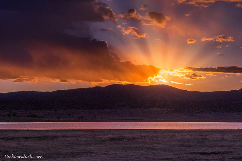 boondocking Sunsetat Storrie Lake state Park New Mexico