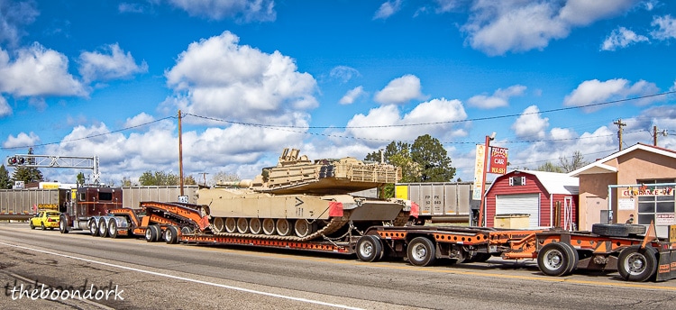 Truck hauling M1 Abrams tank. Walsenburg Colorado