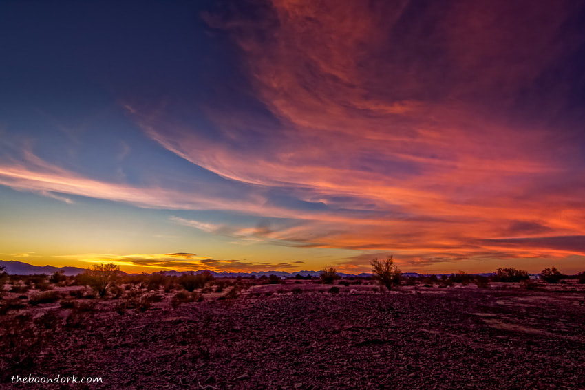 Sunset in Quartzsite Arizona while boondocking in the Arctic Fox